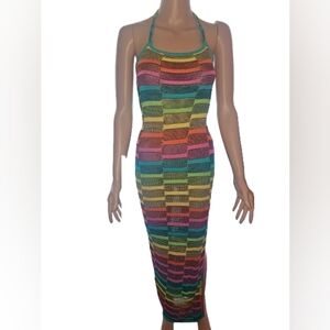 Fashion NOVA Multicolor Striped Knit Crochet Halter Mazi Dress M